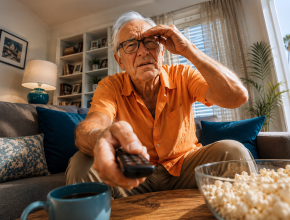 Older man straining to read at home